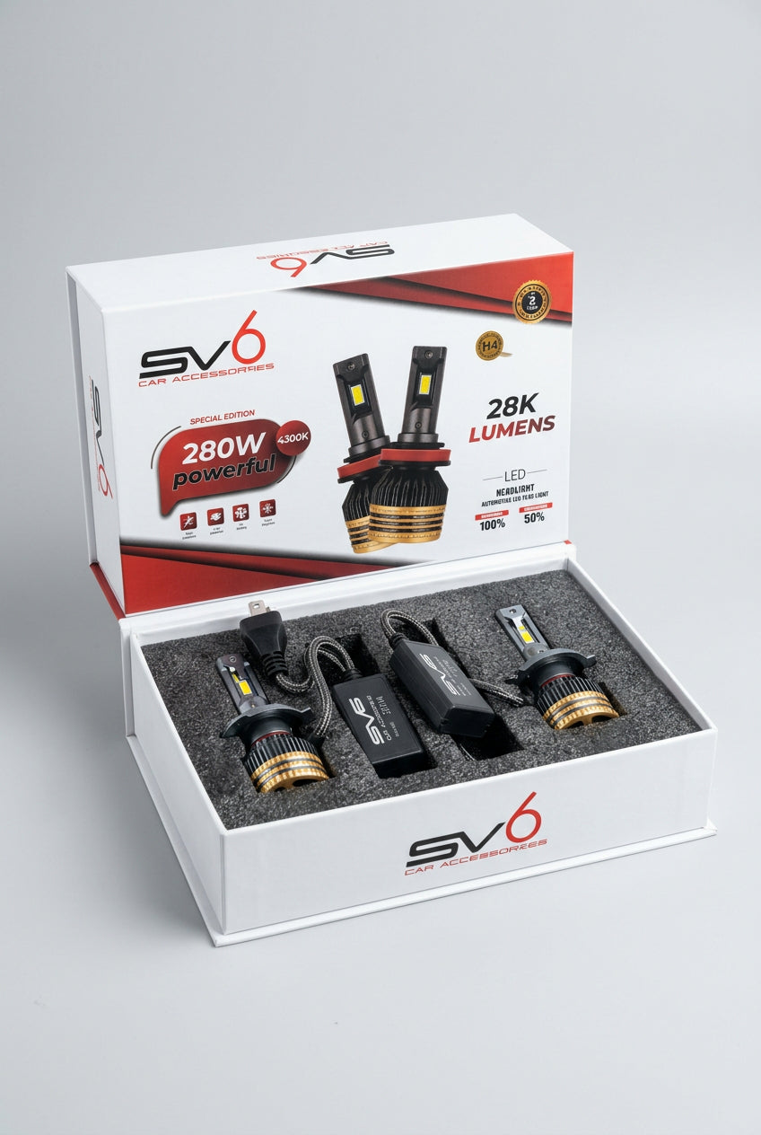 SV6 High Power H4 LED Headlight Bulb Kit | 220W Max, 22000 Lumens, 4300K | Built-in Turbo Cooling Fan, Plug & Play (Pack of 2)